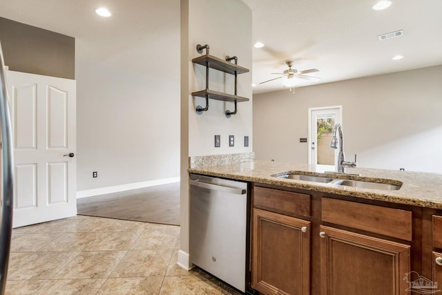 2107 Wilsons Plover Cir, Navarre, FL 32566 - kitchen featuring stainless steel dishwasher, a sink, ceiling fan, light stone counters, and recessed lighting