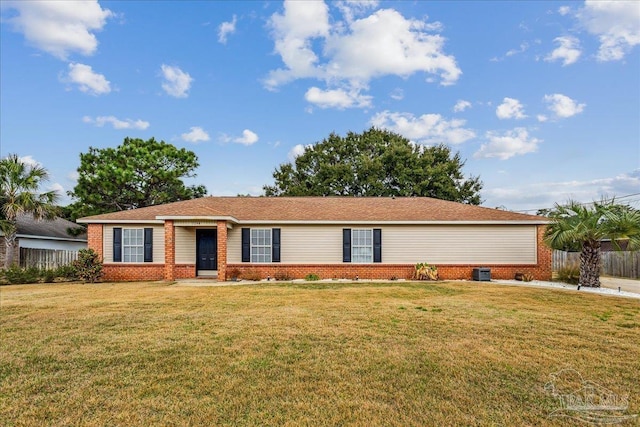 single story home featuring cooling unit and a front lawn