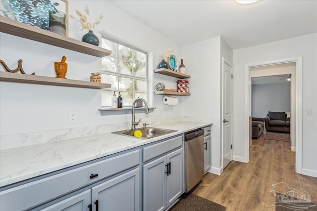 7244 Frankfort St, Navarre, FL 32566 - kitchen with sink, stainless steel dishwasher, light hardwood / wood-style floors, and light stone countertops