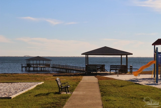 7244 Frankfort St, Navarre, FL 32566 - dock area with a gazebo, a lawn, a playground, and a water view
