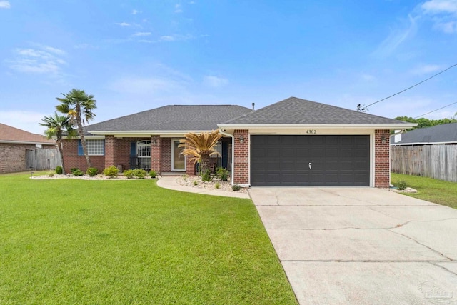 ranch-style house featuring driveway, a front yard, brick siding, fence, and an attached garage