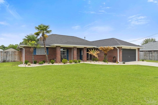 single story home with fence, a front lawn, brick siding, a garage, and driveway