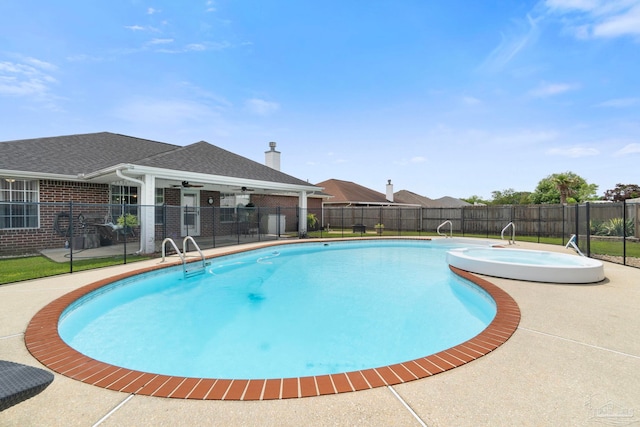 view of pool with a fenced in pool, a ceiling fan, and fence