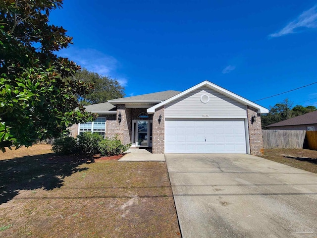 ranch-style home featuring concrete driveway, brick siding, fence, and an attached garage