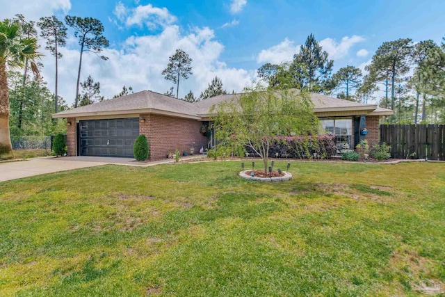 ranch-style home with brick siding, an attached garage, fence, and driveway