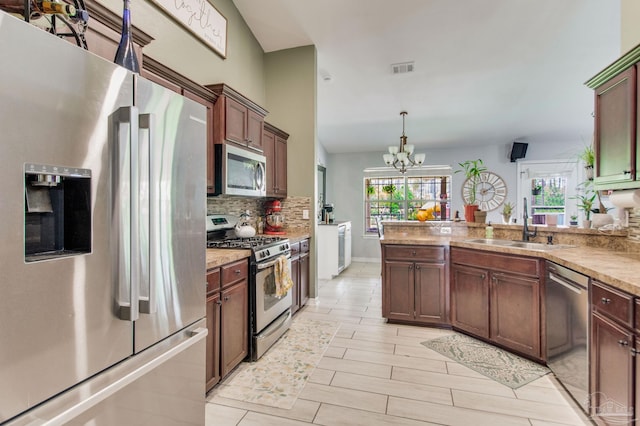 kitchen featuring an inviting chandelier, a sink, stainless steel appliances, a peninsula, and backsplash