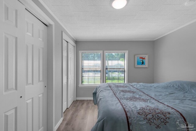 bedroom featuring light wood-type flooring, two closets, and ornamental molding