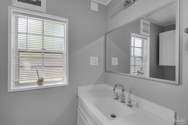 bathroom featuring ornamental molding and vanity