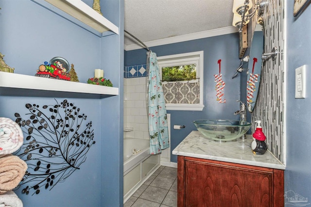 bathroom with vanity, tile patterned flooring, shower / bath combo with shower curtain, a textured ceiling, and ornamental molding