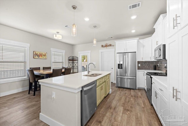 kitchen with white cabinetry, a center island with sink, appliances with stainless steel finishes, decorative light fixtures, and sink