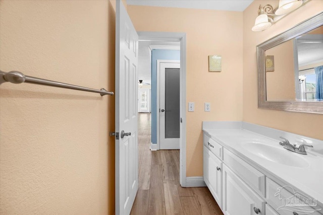 bathroom featuring hardwood / wood-style floors and vanity