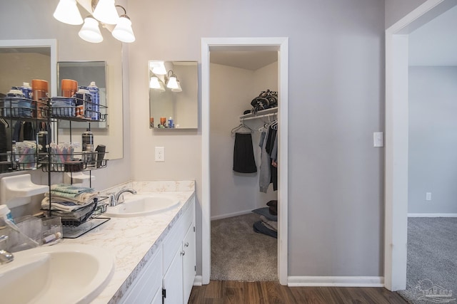 bathroom featuring double vanity, a spacious closet, baseboards, and a sink