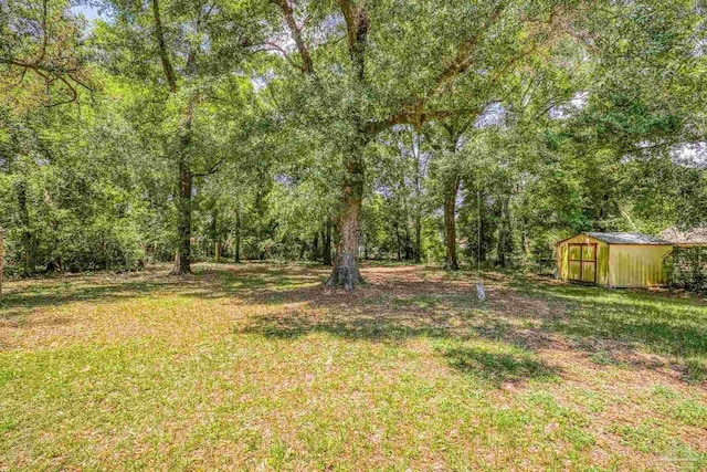 view of yard with an outbuilding, a storage shed, and a forest view