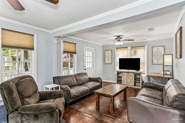 living area with a ceiling fan, plenty of natural light, and dark wood-type flooring