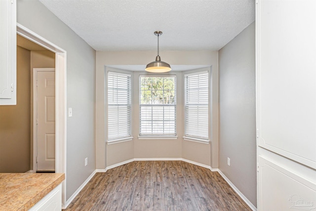 unfurnished dining area with hardwood / wood-style flooring and a textured ceiling