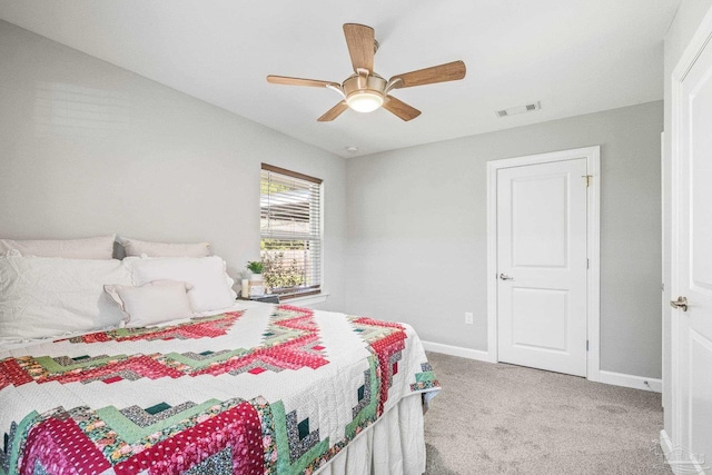 carpeted bedroom featuring ceiling fan