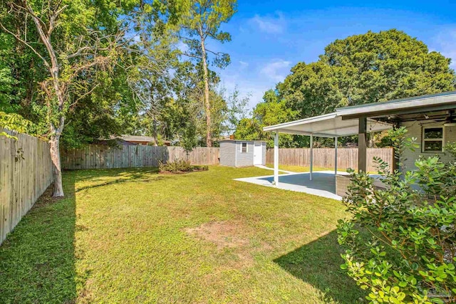 view of yard with a shed, a patio area, and ceiling fan