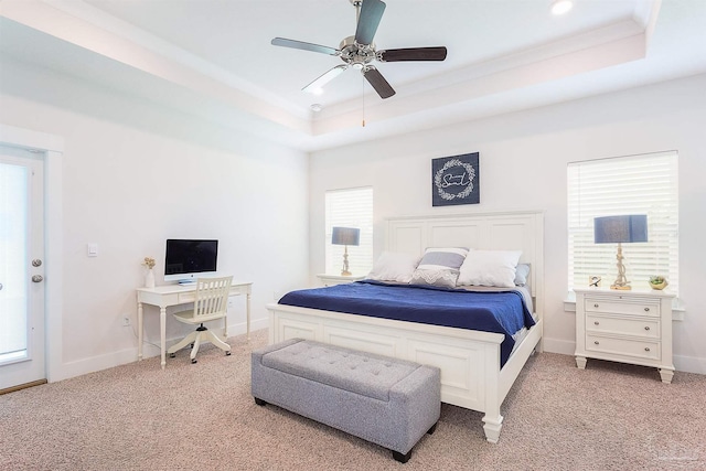 3564 Sailfish Dr, Gulf Breeze, FL 32563 - bedroom with a tray ceiling, light colored carpet, recessed lighting, and ceiling fan