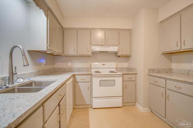4117 Pace Ln, Pace, FL 32571 - kitchen with white appliances, under cabinet range hood, light countertops, and a textured ceiling