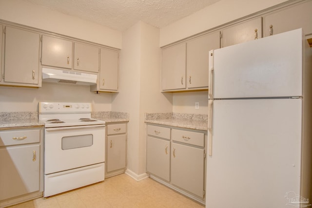 4117 Pace Ln, Pace, FL 32571 - kitchen featuring white appliances, under cabinet range hood, light countertops, and a textured ceiling