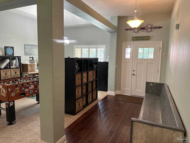 foyer with dark wood-style flooring, plenty of natural light, and baseboards