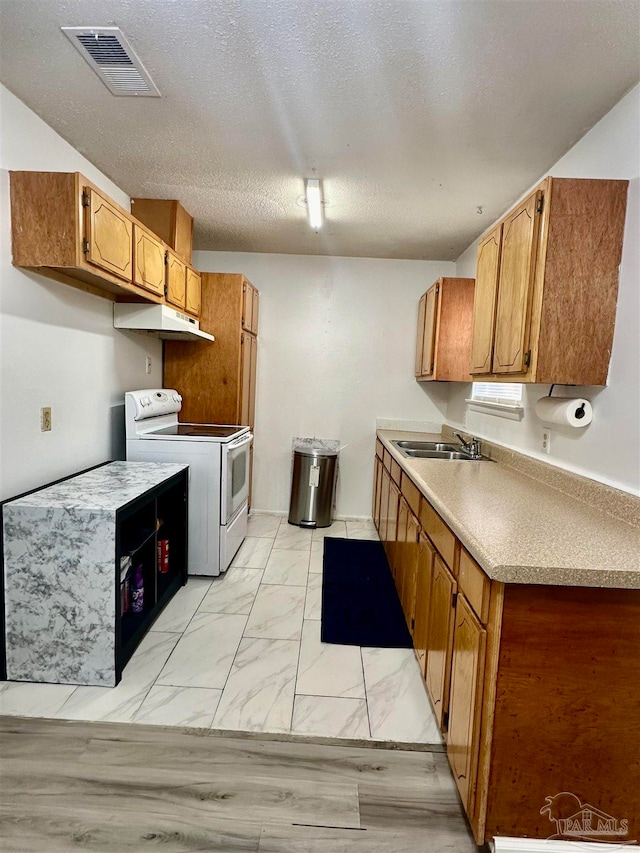 kitchen with light wood-type flooring, electric stove, a textured ceiling, and sink