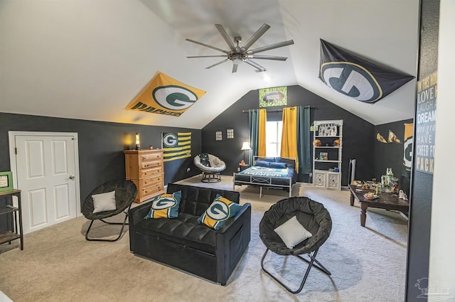 5013 Roland Rd, Pace, FL 32571 - living room featuring carpet, a ceiling fan, and vaulted ceiling