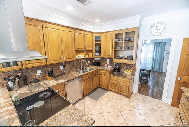 5013 Roland Rd, Pace, FL 32571 - kitchen featuring dishwasher, brown cabinets, ventilation hood, ornamental molding, and backsplash