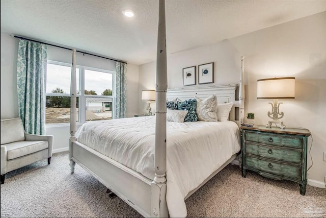 bedroom with carpet floors, baseboards, and a textured ceiling