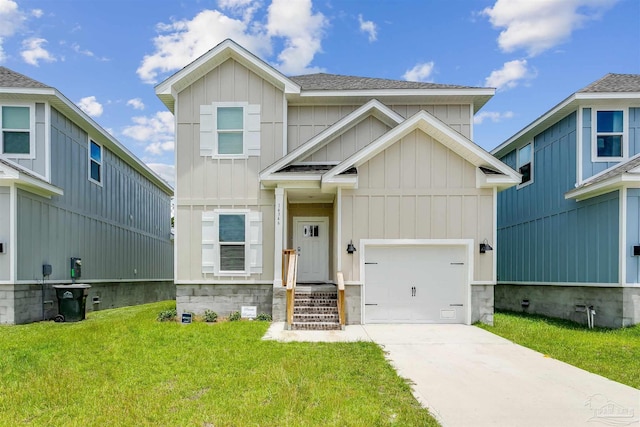 view of front facade with board and batten siding, a front yard, roof with shingles, and driveway