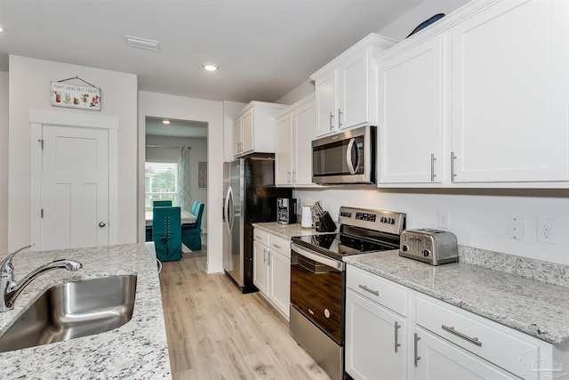 kitchen featuring visible vents, appliances with stainless steel finishes, white cabinets, a sink, and light stone countertops