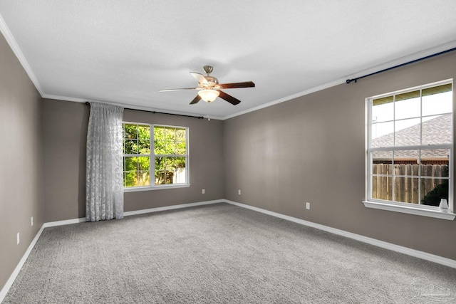 spare room with ceiling fan, baseboards, ornamental molding, and carpet floors