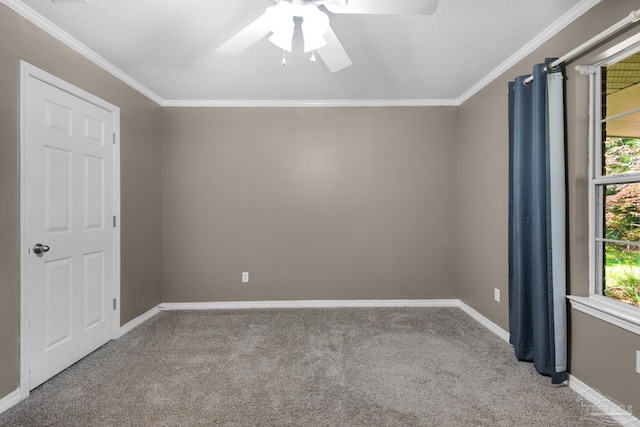 carpeted spare room featuring ceiling fan, baseboards, and ornamental molding