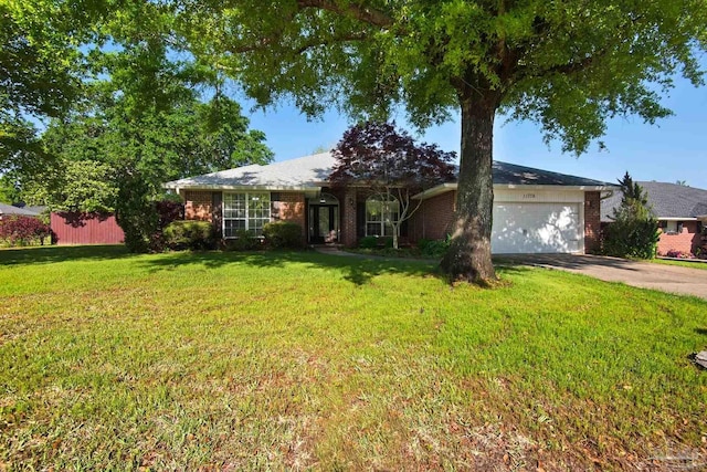 ranch-style home featuring a garage, aphalt driveway, brick siding, and a front yard