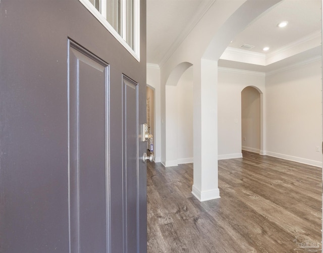 foyer with crown molding, dark hardwood / wood-style floors, and a raised ceiling