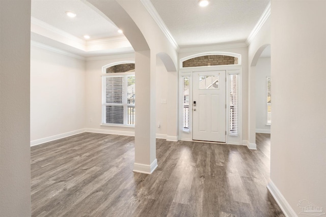 entryway with crown molding, dark hardwood / wood-style flooring, and a raised ceiling