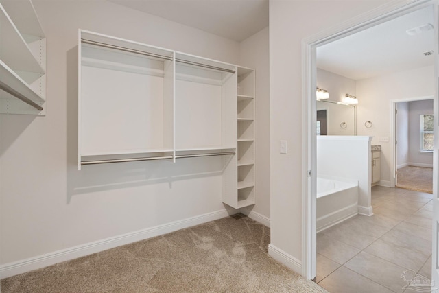 spacious closet featuring light colored carpet