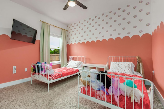 bedroom with ceiling fan and carpet