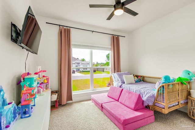 bedroom featuring carpet flooring and ceiling fan