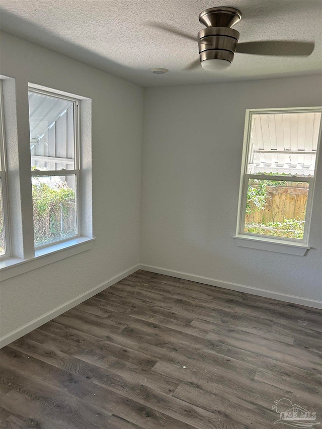 spare room featuring a textured ceiling, dark hardwood / wood-style flooring, and a healthy amount of sunlight