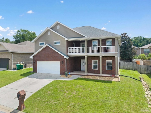 view of front of home featuring a balcony, a garage, covered porch, and a front lawn