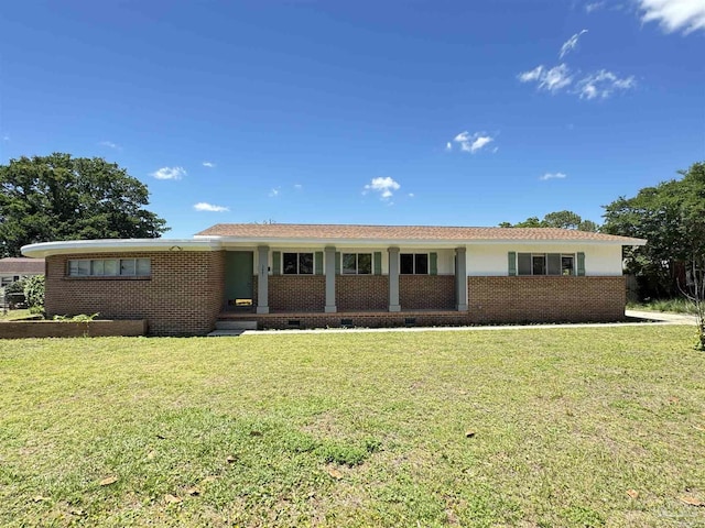ranch-style house with brick siding, a front lawn, and a porch