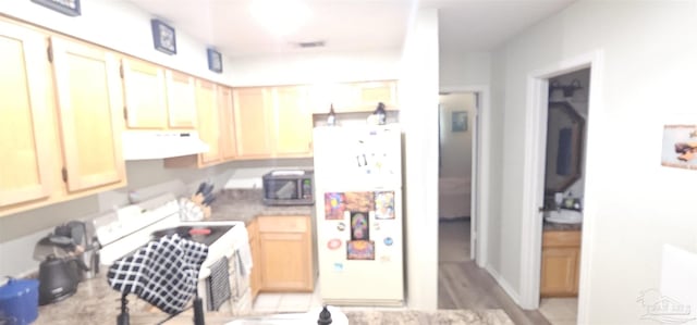 kitchen with light wood-type flooring, light brown cabinets, stove, and white fridge