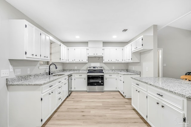 9001 Thompson Dr, Pensacola, FL 32534 - kitchen featuring appliances with stainless steel finishes, a sink, light stone counters, white cabinets, and light wood-style floors