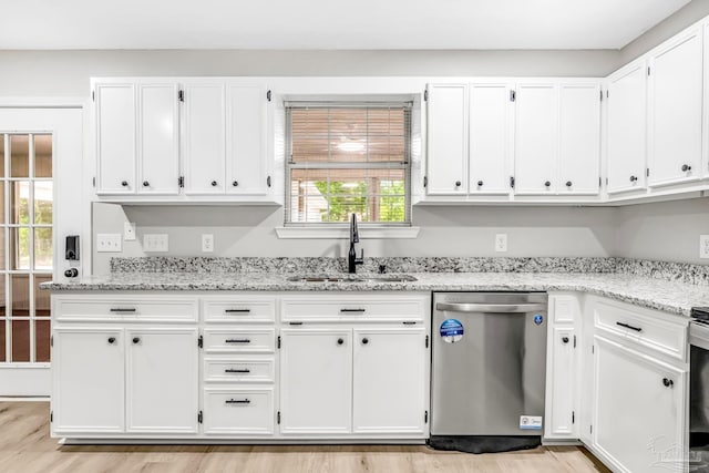 9001 Thompson Dr, Pensacola, FL 32534 - kitchen featuring stainless steel dishwasher, a sink, white cabinetry, and light stone counters