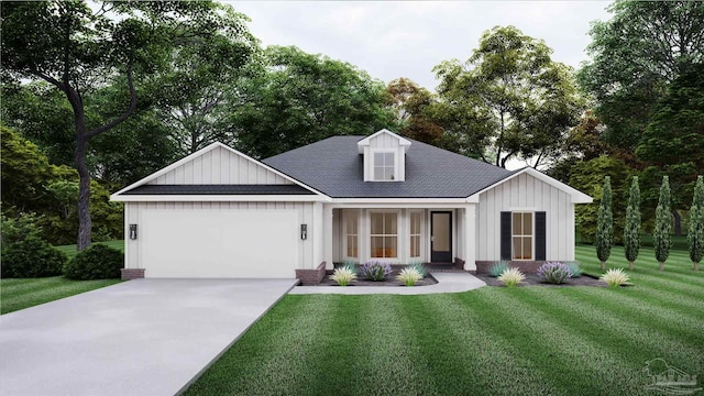 modern farmhouse featuring a front yard, an attached garage, and board and batten siding