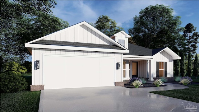 modern inspired farmhouse featuring a garage, board and batten siding, and driveway