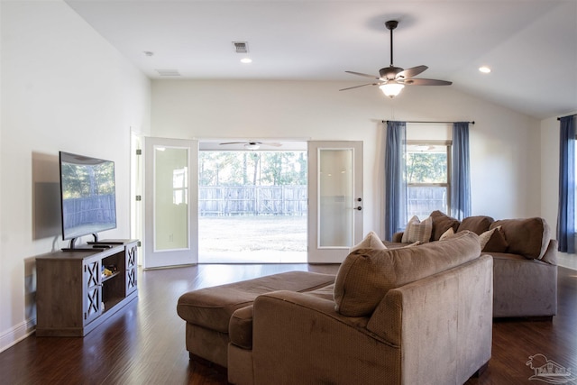 living room featuring french doors, ceiling fan, dark hardwood / wood-style flooring, and vaulted ceiling