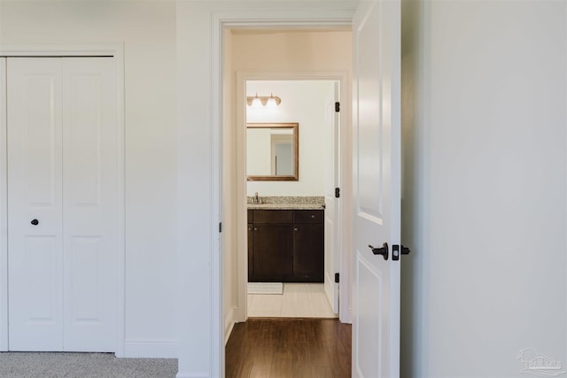 hall featuring sink and dark wood-type flooring