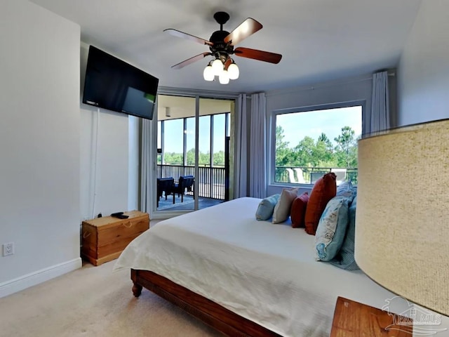 bedroom featuring access to exterior, carpet floors, and ceiling fan